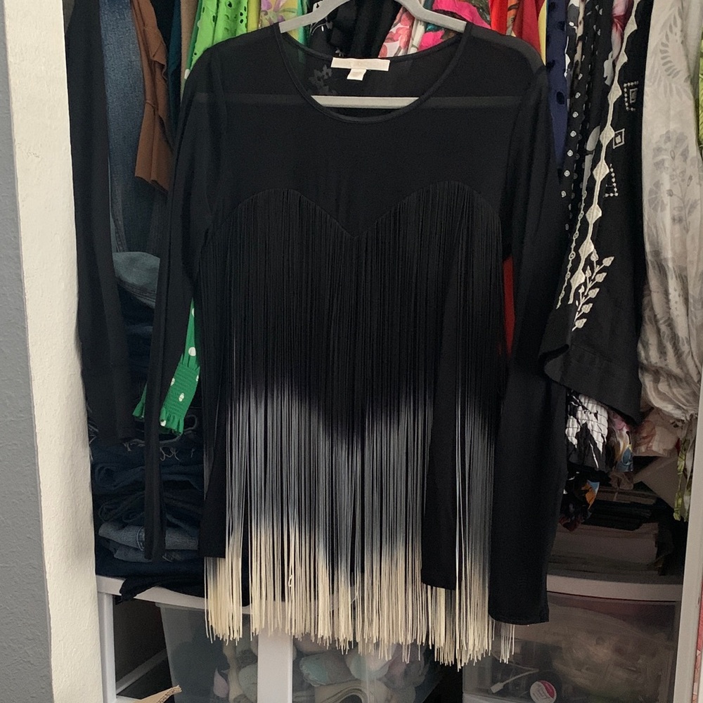 Boston Proper Black and White Fringe Top